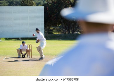 Rear view of umpire standing at cricket match field on sunny day - Powered by Shutterstock