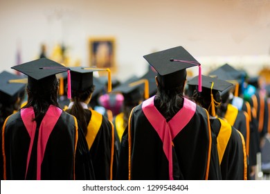 Rear View Of The University Graduates Line Up For Degree Award In University Graduation Ceremony. The University Graduates Are Gathering In The University Graduation Ceremony. Crowd Of The Graduates. 