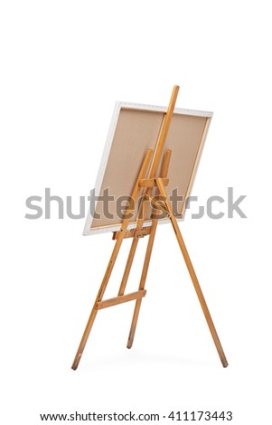 Rear view vertical shot of a wooden easel with a canvas on it isolated on white background