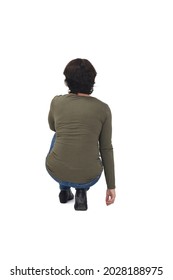 Rear View Of A Woman Crouching On White Background