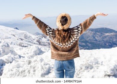 Rear View Woman Enjoying Snowy Mountains Stock Photo (Edit Now) 1529331650