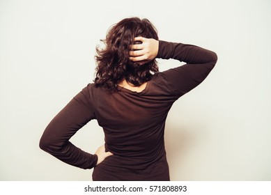 Rear View Woman Long Hair Standing With Back Isolated On White Background