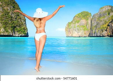 Rear view of woman at Maya bay. Thailand