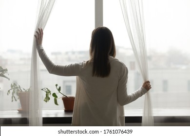 Rear view woman stand near window in living room open curtains looking outside at rainy foggy weather. Welcoming start new day, apartment owner, rented flat concept, potted houseplants on windowsill