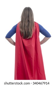 Rear View Of A Woman Superhero With Red Cape Over White.