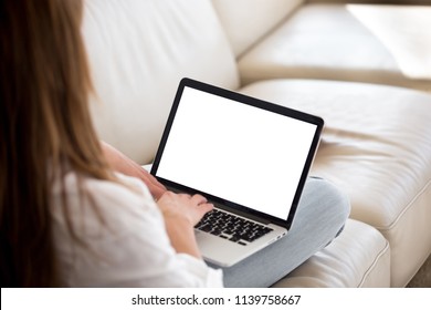 Rear View At Woman Writing On White Laptop Screen Online Working From Home, Female Applicant Typing Cover Letter Applying For Job, Lady Mailing Customer Support To Give Feedback Or Sending Request