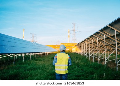 Rear View Of Worker At Solar Farm. Solar Photovoltaic Panels. Eco Alternative Energy Concept