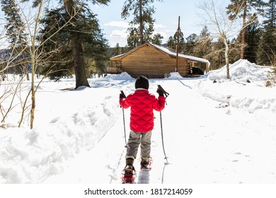 Rear View Of Young Boy In A Red Jacket Snow Shoeing