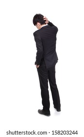 Rear View Of Young Business Man Confused, Isolated Over White Background, Full Length Portrait Of Asian Businessman Standing Back