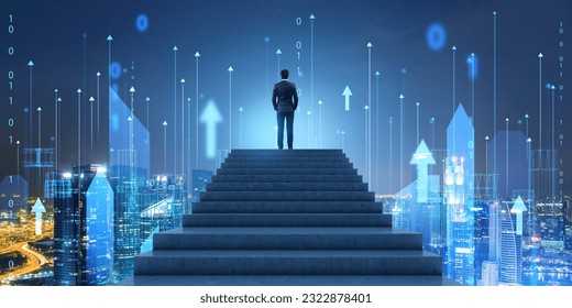 Rear view of young businessman standing on top of staircase and looking at night city skyline with double exposure of wireframe city interface. Concept of smart city and internet of things - Powered by Shutterstock