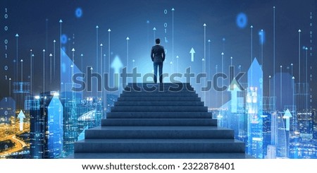 Rear view of young businessman standing on top of staircase and looking at night city skyline with double exposure of wireframe city interface. Concept of smart city and internet of things