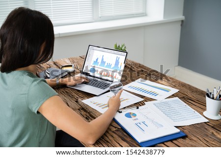 Rear View Of Young Businesswoman Looking At Graph On The Computer In The Office
