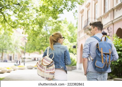 Rear View Of Young College Friends Talking While Walking In Campus