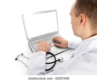 Rear View Of A Young Doctor With Laptop