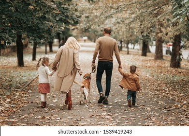 Rear View Of Young Happy Family Walking In Autumn Park. Mother Father Son Daughter And Dog Labrador Walking Through The Forest. Lifestyle People Relations Concepts