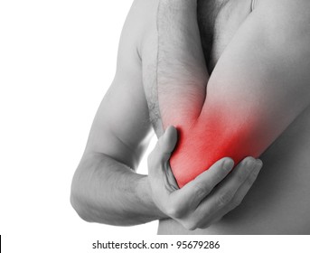 Rear view of a young man holding his elbow in pain, isolated on white background, monochrome photo with red as a symbol for the hardening