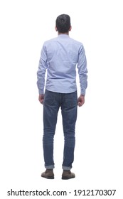rear view . a young man in jeans looking at a white screen. - Shutterstock ID 1912170307