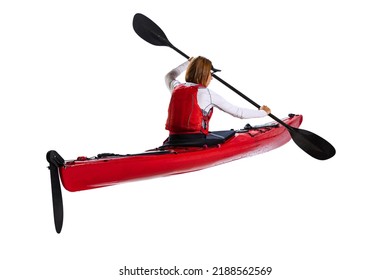 Rear view. Young woman, sportsman in red canoe, kayak with a life vest and a paddle isolated on white background. Concept of sport, nature, travel, active lifestyle