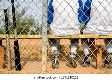 Rear View Youth Baseball Team Sitting On Bench