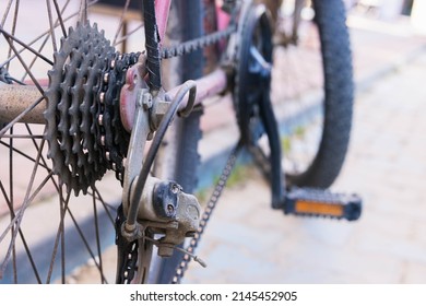 rear wheel close-up. A small sprocket on a bicycle rear derailleur