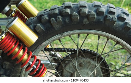 Rear Wheel Motorcycle Trial And Enduro. Mounted On The Wheel Gear And Chain With Spokes