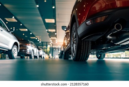 Rearview car parked in luxury showroom. Car dealership office. New car parked in modern showroom. Car for sale and rent business concept. Automobile leasing and insurance concept. Electric automobile. - Shutterstock ID 2128357160