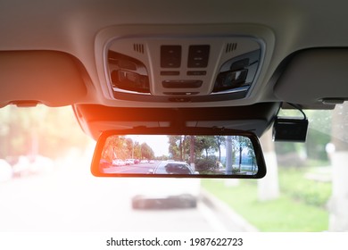 The rearview mirror of the car cab