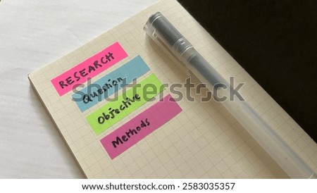 Reasearch question, objective, and methods written in sticky papers. Research related words.