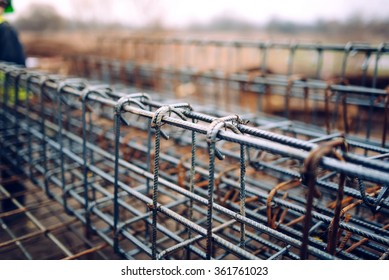 rebar steel bars, reinforcement concrete bars with wire rod used in foundation of construction site. Filtered photo