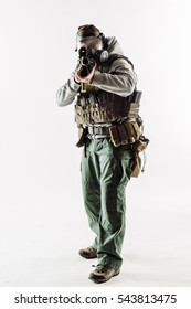 Rebel Man With Gas Mask And Rifles Against A White Background