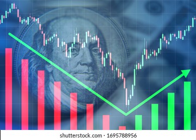 Rebound Franklin Portrait As A Symbol Of Financial Market. Concept - Dead Cat Bounce. Charts Depict Growth After Falling. Charts On A Blue Background. Rebound After Stock Price Crash. Stock Exchange