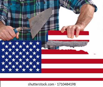 Rebuild United states of America flag brick wall and country after the crisis concept