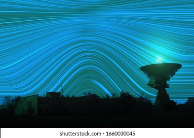 Receiving Antenna, High-precision Radio Telescope For Long-range Space Communications At Night. Big Station. Abstract Blue Waves Background.