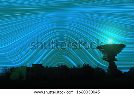 Receiving antenna, high-precision radio telescope for long-range space communications at night. Big station. Abstract blue waves background. Long neon lines.