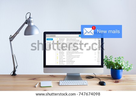 Receiving email in inbox concept with popup notification of new unread mails appearing on computer screen, marketing, spam
