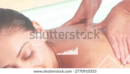Receiving sheet-covered client prone on spa table therapist hands pressing back digital overlay. Massage, serenity, wellness, calm, pastel, infographic, gridlines