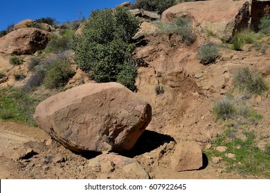 Recently Fallen Rock On Trail At Santa Susana Pass State Park After Heavy Rain