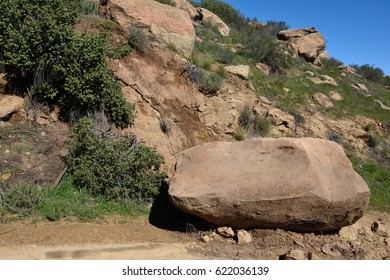 Recently Fallen Rock On Trail At Santa Susana Pass State Park After Heavy Rain