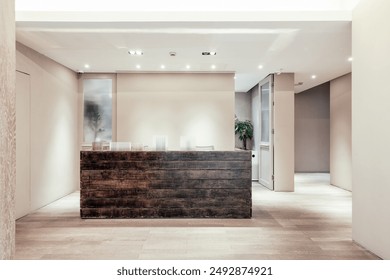 The reception area of a contemporary and minimalist establishment. The design features clean lines, with a rustic wooden reception desk contrasting against the light-colored walls and floor.