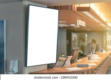 Reception Counter In Hotel, Big Banner On Wall, Mock-up