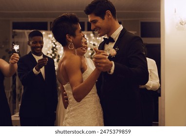 Reception, dancing and couple with wedding for marriage, commitment or celebration. Ceremony, happiness and romantic man with woman bride for relationship, special event or milestone with guests - Powered by Shutterstock