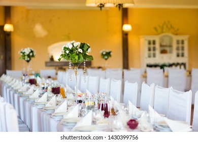 Reception Tables Beautifully Decorated With Dinner Ready For First Holy Communion. Luxury Concept