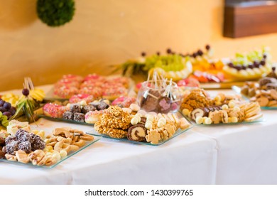 Reception Tables Beautifully Decorated With Dinner Ready For First Holy Communion. Luxury Concept