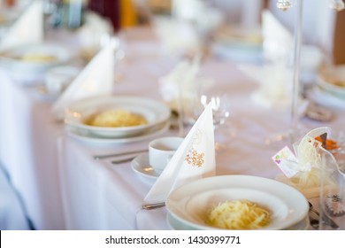 Reception Tables Beautifully Decorated With Dinner Ready For First Holy Communion. Luxury Concept