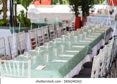 Reception Tables Beautifully Decorated With Dinner Ready For First Holy Communion.