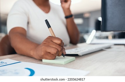 Receptionist, Secretary Or Consultant With Phone, Writing Client Info On Sticky Note. Crm, Communication And Support, Customer Service At Telemarketing Company. Black Woman Consulting On Office Phone