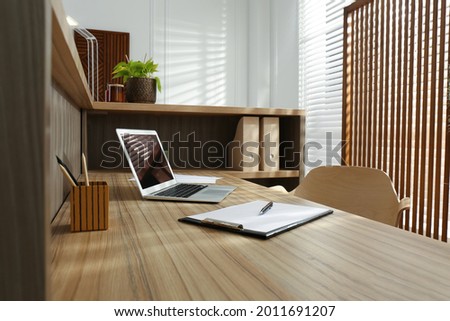 Receptionist's workplace with laptop in hotel. Interior design