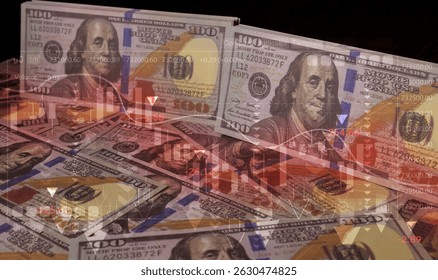 Recession and crisis concept: Banknotes with downward arrows and graphs represent the decline of the global economy, markets, or wealth