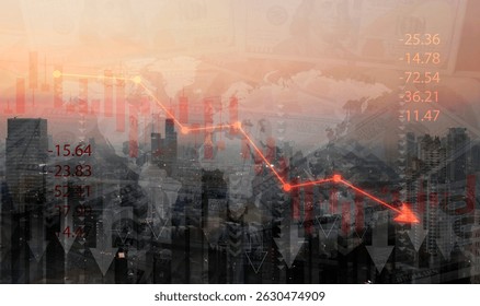 Recession and crisis concept: A red downward arrow over a city at dusk symbolizes the decline of the global economy, business, markets, stock market, or overall wealth