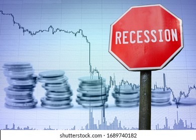 Recession sign on economy background - graph and coins. Financial crash in world economy because of coronavirus. Global economic crisis, recession. Corona virus pandemic, COVID-19 outbreak. - Shutterstock ID 1689740182